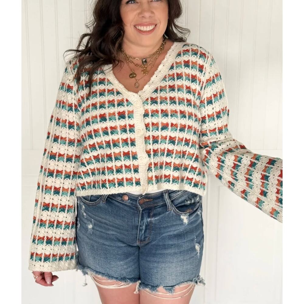 POL Crochet Cardigan Medium Boho Stripe Knit Sweater Cream Teal Rust